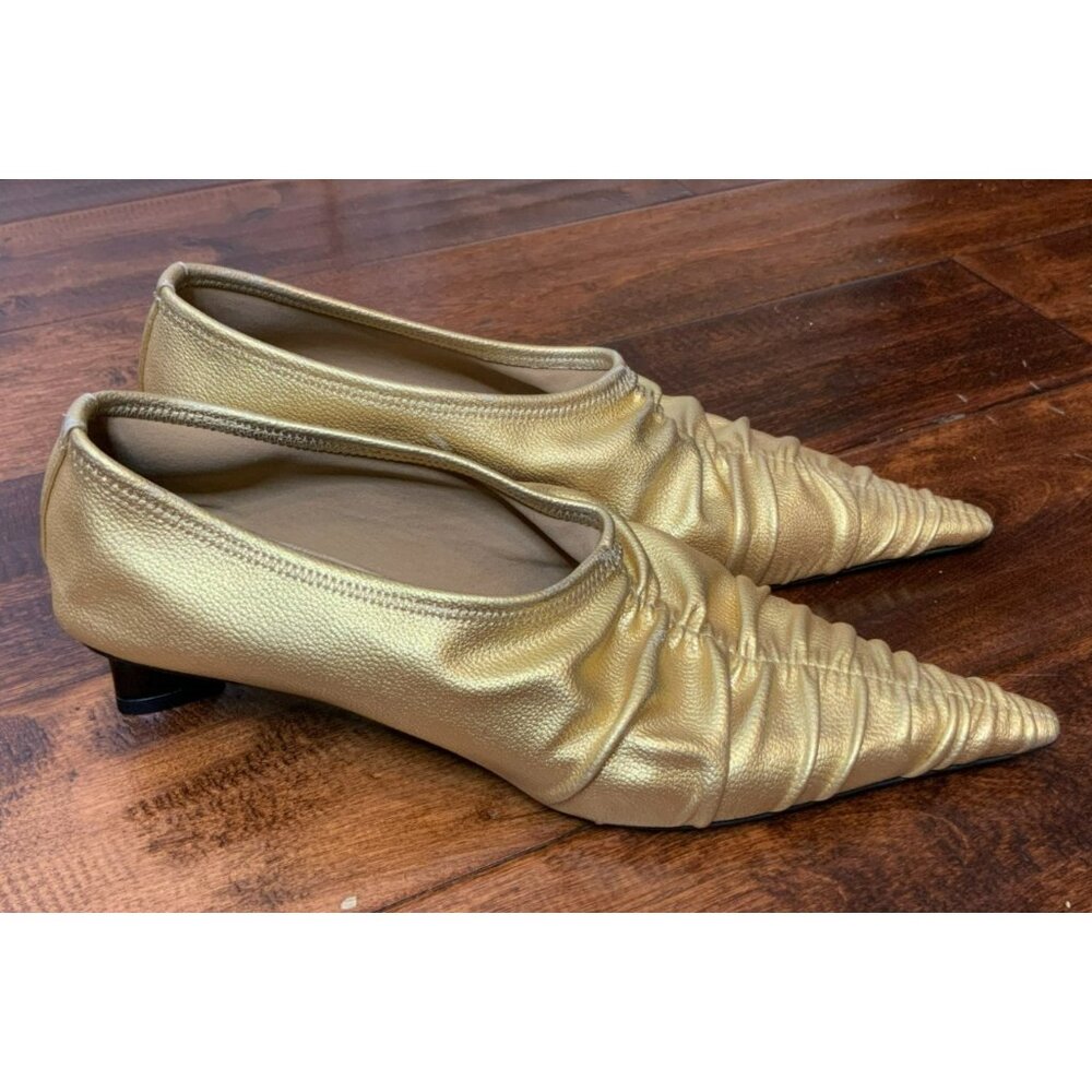 Stella McCartney Gold Elsa Ruched Pointed Toe Kitten Heel Pumps Heels, Size 41